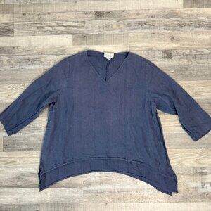 La Fixsun Blue Linen 3/4 Sleeve Hi Low V-Neck Top Size Large Lagenlook S20